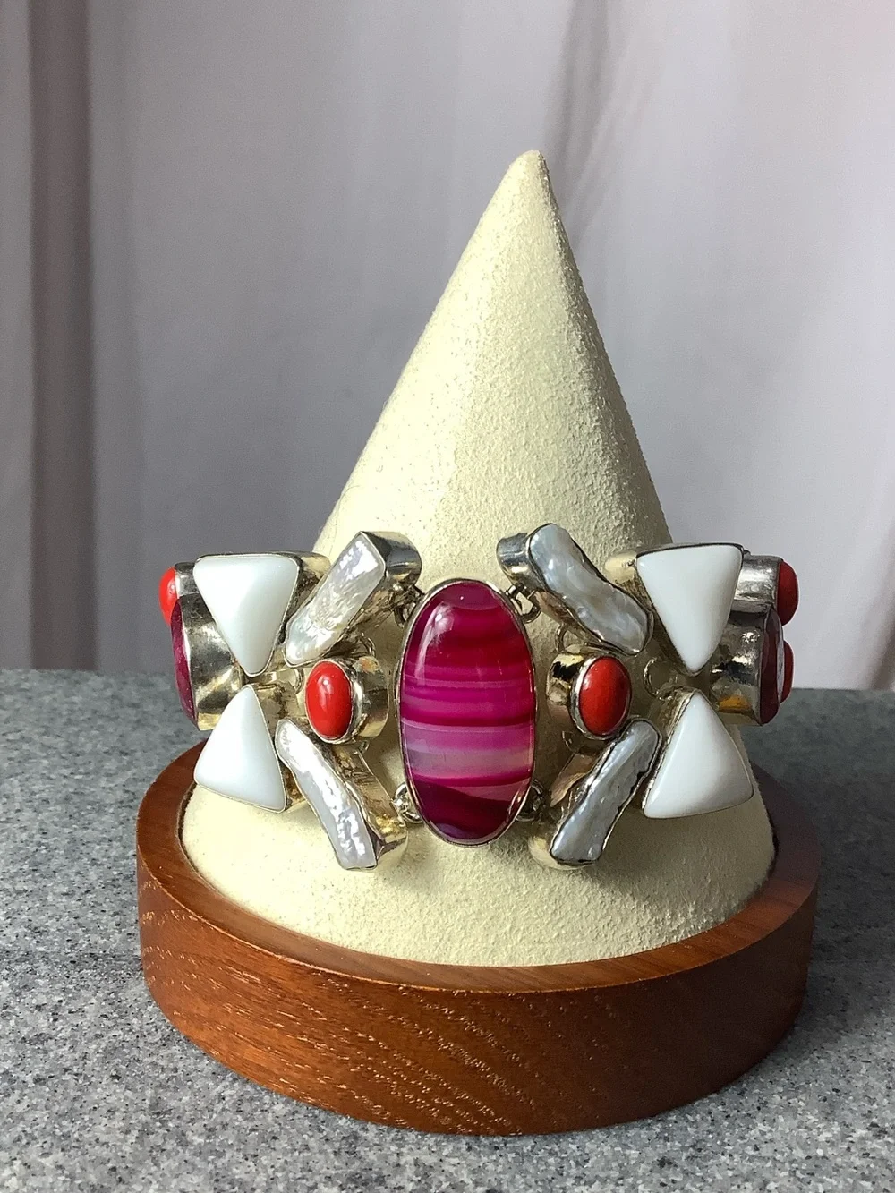 Pink Striped Agate Statement Cuff Bracelet - Women Jewelry